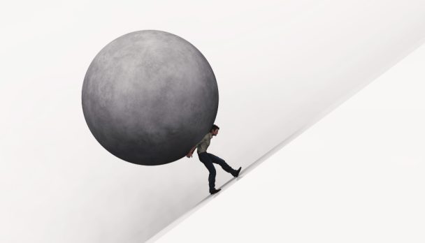 Businessman carry a big spheric stone .  Business problem crisis hardship and burden concept. This is a 3d render illustration .
