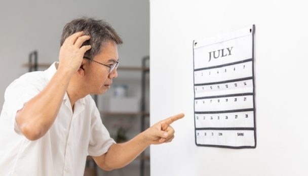 Confused,Asian,Senior,Man,With,Dementia,Looking,At,Wall,Calendar
